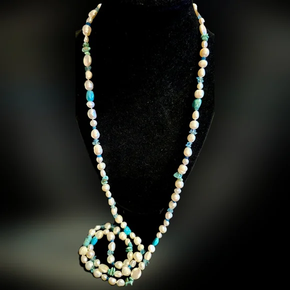 Honora 925 Pearl, Blue Topaz, & Turquoise Necklace NWT (40 inches) - Picture 2 of 7